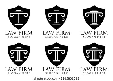 Set of black law office, firm or company, lawyer, attorney services labels, logos, signs and symbols isolated on white background