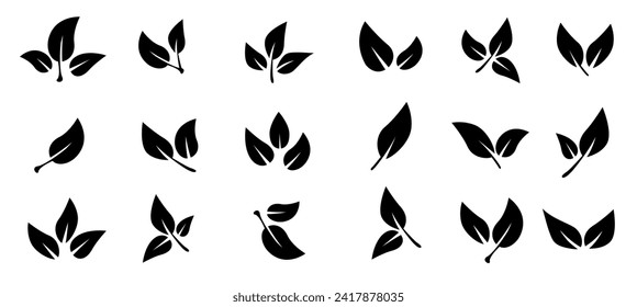Conjunto de iconos de hoja negra. Hojas de árboles y plantas. Sale sobre fondo blanco. Ecología. Ilustración vectorial.