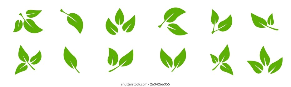 Set of black leaf icons. Leaves of trees and plants. Leaves on white background. Ecology. Vector illustration.