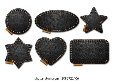 Set of Black leather label shapes with stitches. Leather patches with seam. Patches of different shapes as rectangle, circle, star, heart, oval. Vector realistic illustration on white background.