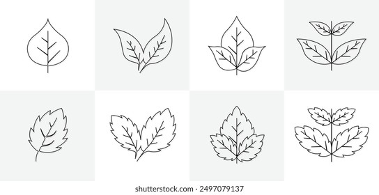 Set of black leaves icons and branches drawing of single continuous line isolated on background