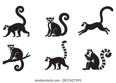 Set of black lemur silhouettes in different poses