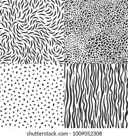 Set of black leopard, zebra stripes greeting seamless patterns. Vector rich exotic animal skin ornate, background in luxury style