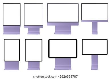 Set of black and light purple street billboards. City lightbox. Display panels isolated on a transparent background. Rectangular signposts. 3d mockup of a signboard