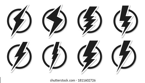 Set of black lightning bolt icons. Electrical strike sign sticker in circle. Design logo voltage power and danger of electric shock. Symbol energy and thunder electricity Isolated vector illustration