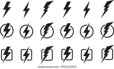 Conjunto de iconos de relámpago negro colección, energía eléctrica y símbolos de carga, Ilustración vectorial para la electricidad, tecnología y conceptos de diseño de eficiencia energética.