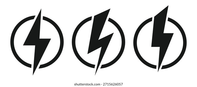 Set of black lightning bolt icons in circles representing electric power.