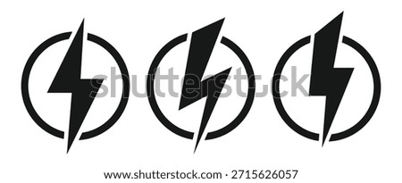 Set of black lightning bolt icons in circles representing electric power.