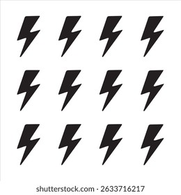 Set of Black Lightning Bolt Silhouette Icons – Minimal Electric Thunderbolt Symbols on White Background