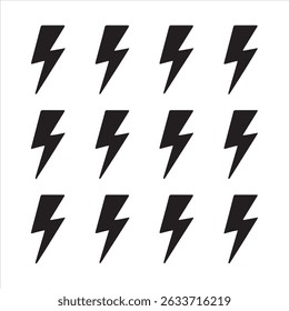 Set of Black Lightning Bolt Silhouette Icons – Minimal Electric Thunderbolt Symbols on White Background