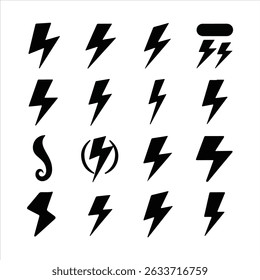 Set of Black Lightning Bolt Silhouette Icons