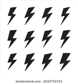 Set of Black Lightning Bolt Silhouette Icons