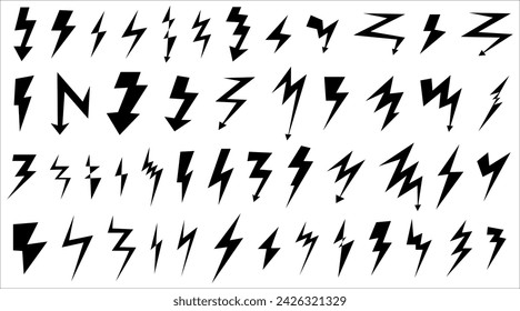 Set of black lightning icons. Simple icon of storm or thunder and lightning strike. Isolated on white background vector illustration in flat style