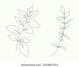 Set of black line art branch, leaf, plants. Botanical floral outline pencil sketch leaves isolated on white background. Hand drawn black simple vector illustration