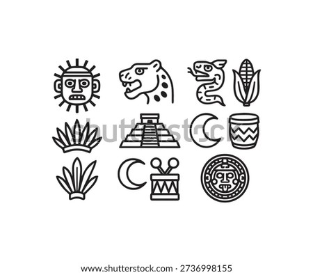 A set of black line art icons representing ancient Aztec and Mayan culture including a pyramid sun god serpent jaguar and calendar.