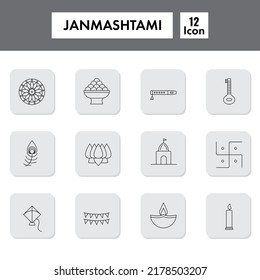 Set Of Black Line Art Krishna Janmasthmi Square Icons.