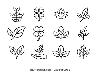  Set of Black Line Art leafs and Abstract Design Icons