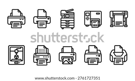 Set of black line art printer icons showing various types of office and industrial printing equipment like plotters, copiers, and 3D printers in a minimalist vector style