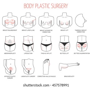 Set of black line body plastic surgery icons. Flat design. Vector illustration