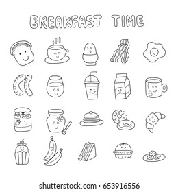 set of black line breakfast icons, doodle style, vector illustration