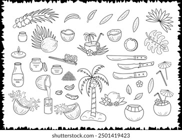 Establecer Ilustraciones vectoriales de cocos de línea negra. Icono de producción de coco. Mitad coco, rebanada, hojas de palma, machete, aceite de coco, leche, crema, hojuelas, vela de aroma, sombrilla de cóctel, paja. Fruta de verano