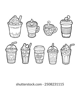 Conjunto de línea negra doodle bebida de café sobre fondo blanco. Ilustración vectorial sobre Love Valentine.