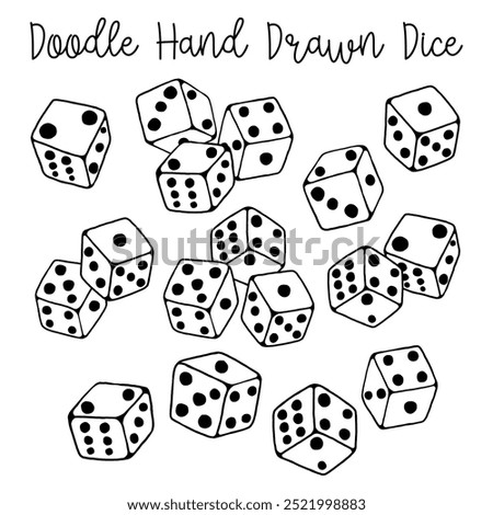 Set of black line doodle Dice on white background. Message 'Doodle Hand Drawn Dice' on Top. Vector illustration.