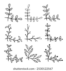 Set of black line doodle long stem leaves and pollen corner border on white background. Vector illustration about nature.