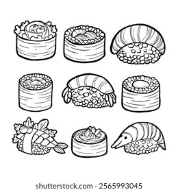 Set of black line doodle Sushi on white background. Vector illustration about Food.