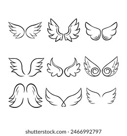 Set of Black Line Drawing Wings on White Background. Vector illustration.