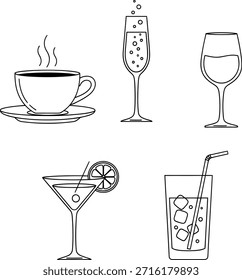 A set of black line drawings of various drink glasses and a coffee cup on a white background, including a steaming cup of coffee, champagne flute, wine glass, martini glass, and a highball glass.