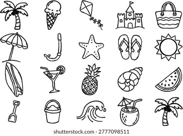 A set of black line drawings of various beach icons including palm trees, ice cream, kite, sand castle, beach bag, surfboard, umbrella, snorkel, cocktail, pineapple, seashell, watermelon, shovel, buck.
