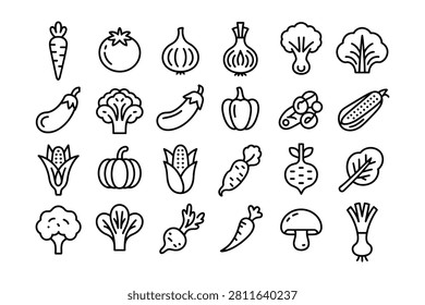 A set of black line drawings of vegetables and fruits