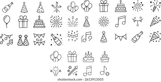 A set of black line editable icons representing celebration and party elements
