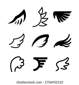 Set Black Line Flat Collection Wings Vector Icon Feather Design Style Decoration