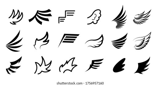 Set Black Line Flat Collection Wings Vector Icon Feather Design Style Decoration