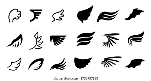 Set Black Line Flat Collection Wings Vector Icon Feather Design Style Decoration