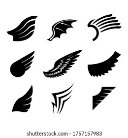 Set Black Line Flat Collection Wings Vector Icon Feather Design Style Decoration