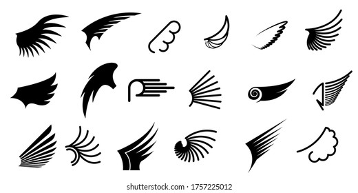 Set Black Line Flat Collection Wings Vector Icon Feather Design Style Decoration