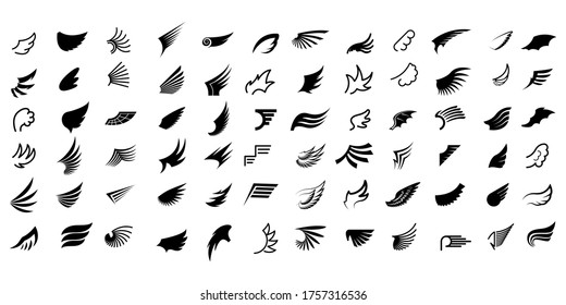 Set Black Line Flat Collection Wings Vector Icon Feather Design Style Decoration