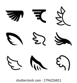 Set Black Line Flat Collection Wings Vector Icon Feather Design Style Decoration Sketch Cartoon