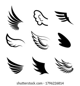 Set Black Line Flat Collection Wings Vector Icon Feather Design Style Decoration Sketch Cartoon