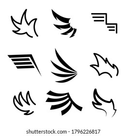 Set Black Line Flat Collection Wings Vector Icon Feather Design Style Decoration Sketch Cartoon