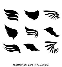 Set Black Line Flat Collection Wings Vector Icon Feather Design Style Decoration Sketch Cartoon