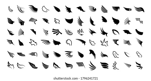 Set Black Line Flat Collection Wings Vector Icon Feather Design Style Decoration Sketch Cartoon