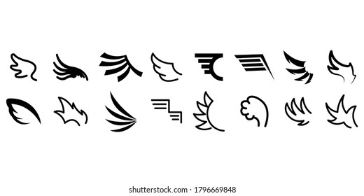 Set Black Line Flat Collection Wings Vector Icon Feather Design Style Decoration Sketch Cartoon