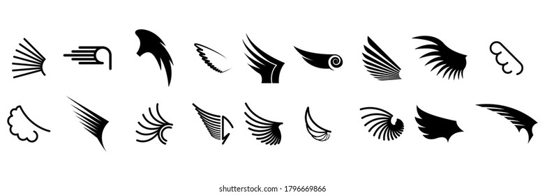 Set Black Line Flat Collection Wings Vector Icon Feather Design Style Decoration Sketch Cartoon