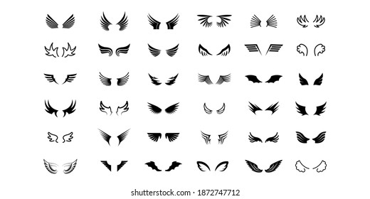 Set Black Line Flat Collection Wings Vector Icon Feather Design Style Decoration Cartoon