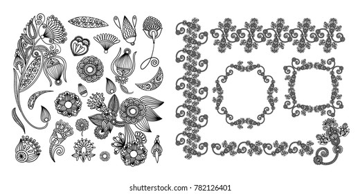 set of black line floral design elements in henna style isolated on white background, vector illustration