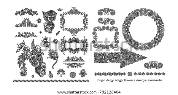 set of black line\
floral design elements in henna style isolated on white background,\
vector illustration